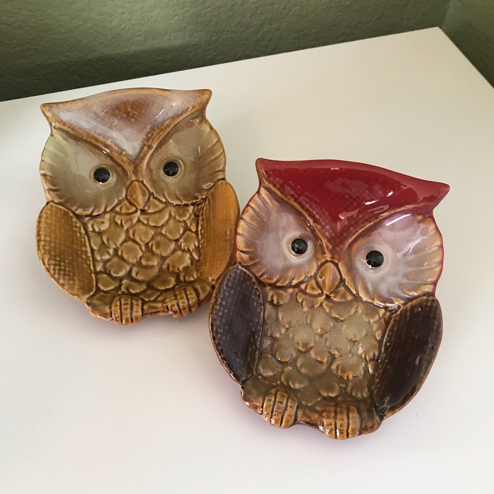 Vintage Hand Painted Ceramic Owl Trinket Tray small plate 5.5x4